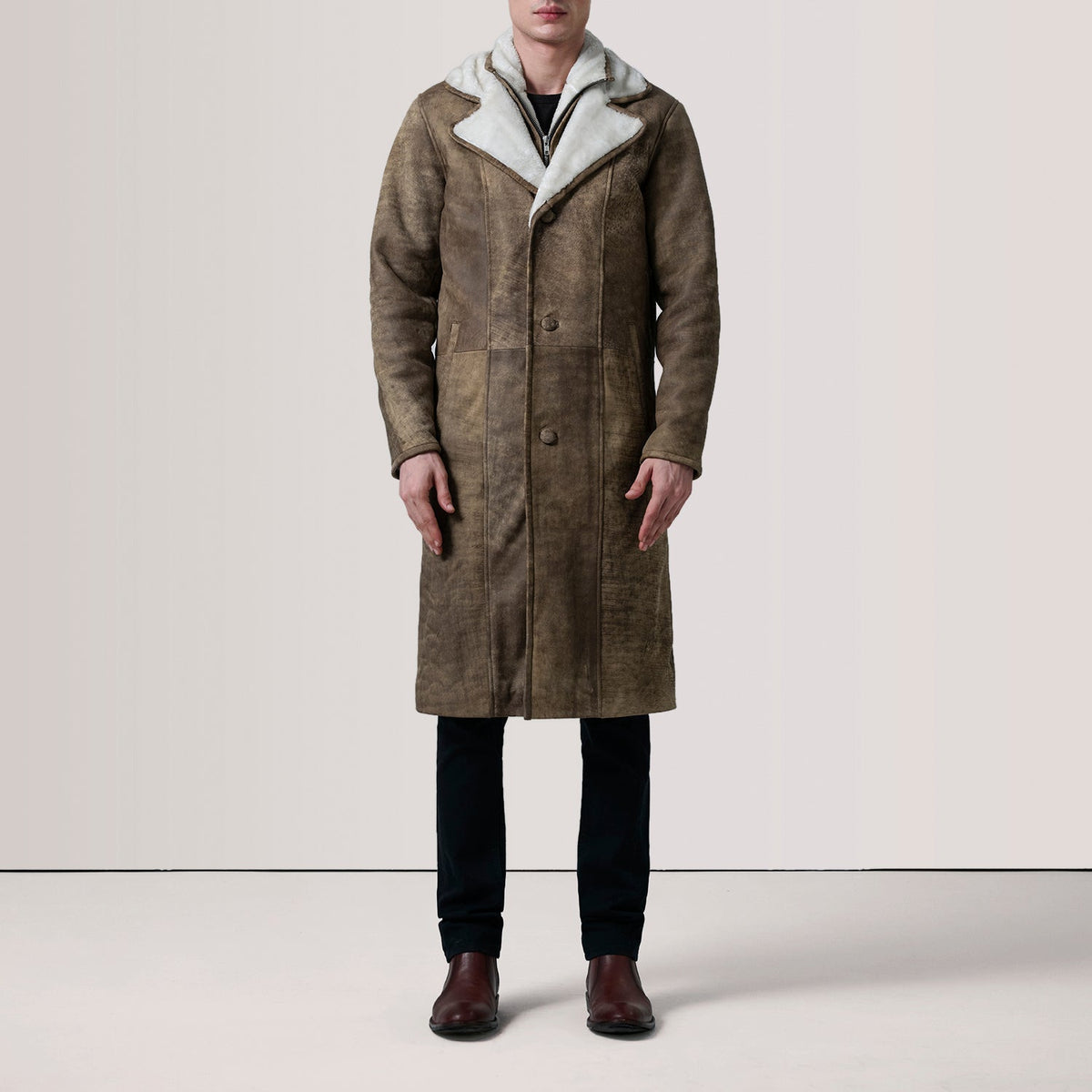 
Distressed Brown Sheepskin Snuffed Aviator Jacket - Back View Showing Tailored Shoulder Fit & Clean Hemline