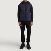
Carlo Blue Hooded Puffer Vest - Lateral Side Profile View Showing Sleeve Cut & Athletic Taper Fit