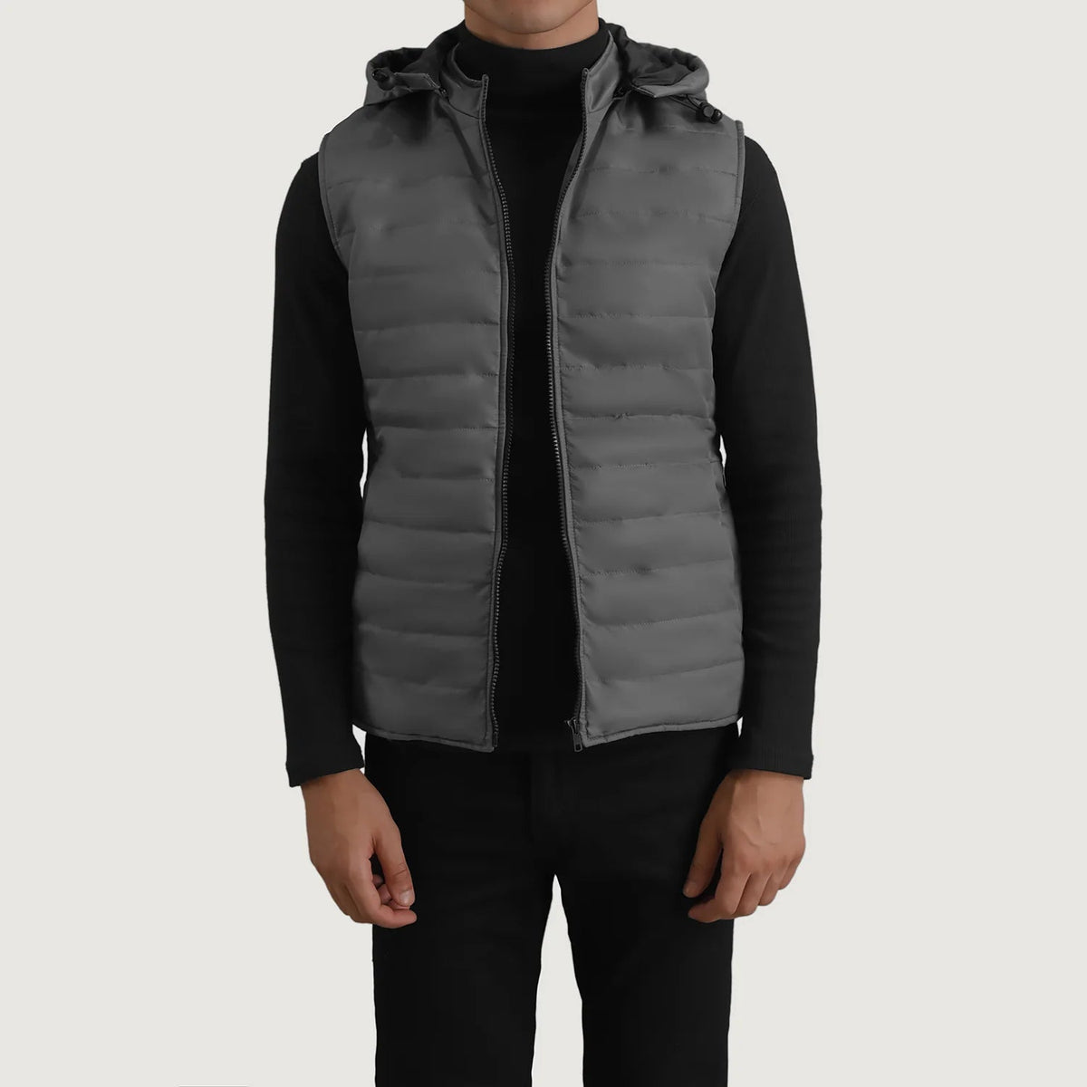 Carlo Grey Hooded Puffer Vest in Green Full-Grain Leather - Front Profile View &amp; Tailored Silhouette | Buy Online