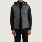 Carlo Grey Hooded Puffer Vest in Green Full-Grain Leather - Front Profile View &amp; Tailored Silhouette | Buy Online