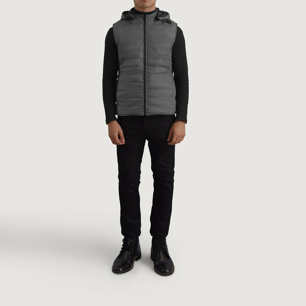 Carlo Grey Hooded Puffer Vest - Lateral Side Profile View Showing Sleeve Cut &amp; Athletic Taper Fit