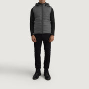 Carlo Grey Hooded Puffer Vest - Lateral Side Profile View Showing Sleeve Cut &amp; Athletic Taper Fit