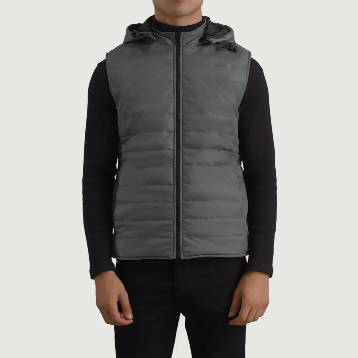Close-Up Detail of Classic Collar &amp; Zipper Hardware on Carlo Grey Hooded Puffer Vest