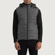 Close-Up Detail of Classic Collar &amp; Zipper Hardware on Carlo Grey Hooded Puffer Vest