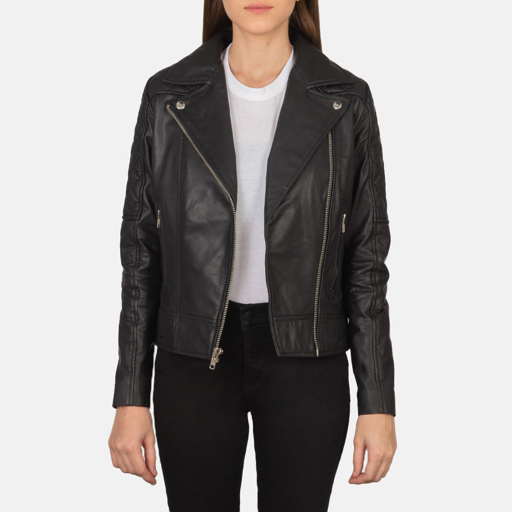 Women's Carolyn Quilted Black Biker Jacket in Black Goatskin Leather - Front Profile View &amp; Tailored Silhouette | Buy Online
