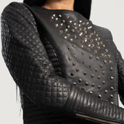 Women's Celeste Studded Black Leather Jacket - Lateral Side Profile View Showing Sleeve Cut &amp; Athletic Taper Fit
