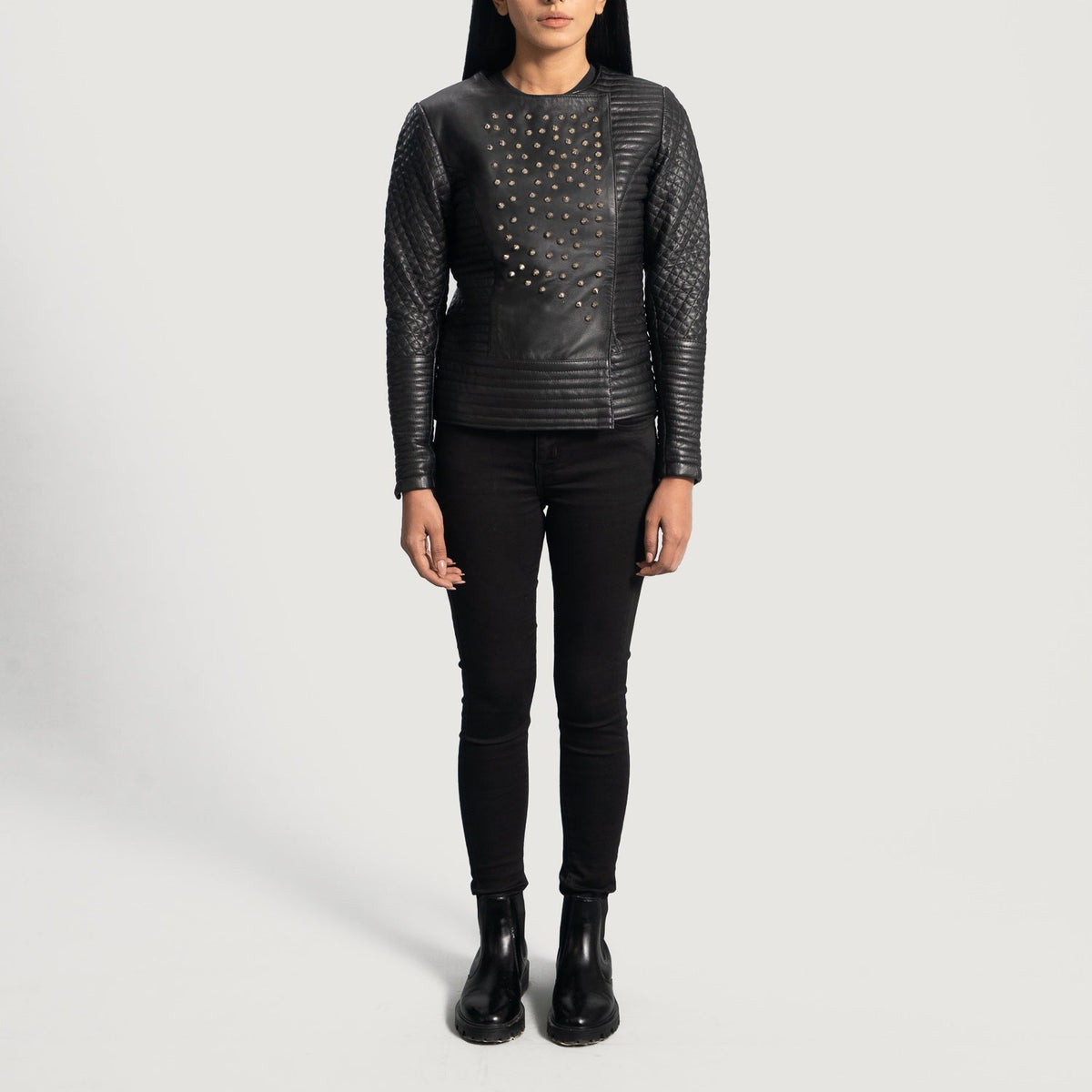 Close-Up Detail of Classic Collar &amp; Snap Button Hardware on Women's Celeste Studded Black Leather Jacket