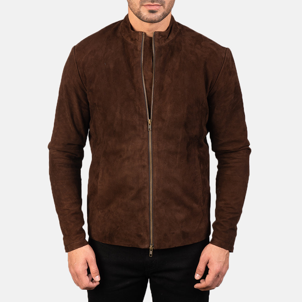 Close-Up Detail of Mandarin &amp; Zipper with Dual Puller Hardware on Men's Charcoal Mocha Suede Biker Jacket