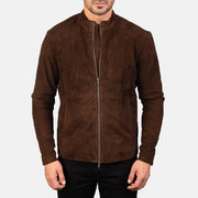 Close-Up Detail of Mandarin &amp; Zipper with Dual Puller Hardware on Men's Charcoal Mocha Suede Biker Jacket