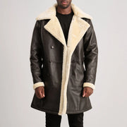 Tailored Rib Cuffs &amp; Hem Craftsmanship Construction Detail on Charles Brown Suede Leather Shearling Double-Breasted Coat