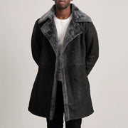 Charles Brown Suede Leather Shearling Double-Breasted Coat in Brown Goatskin Suede - Front Profile View &amp; Tailored Silhouette | Buy Online