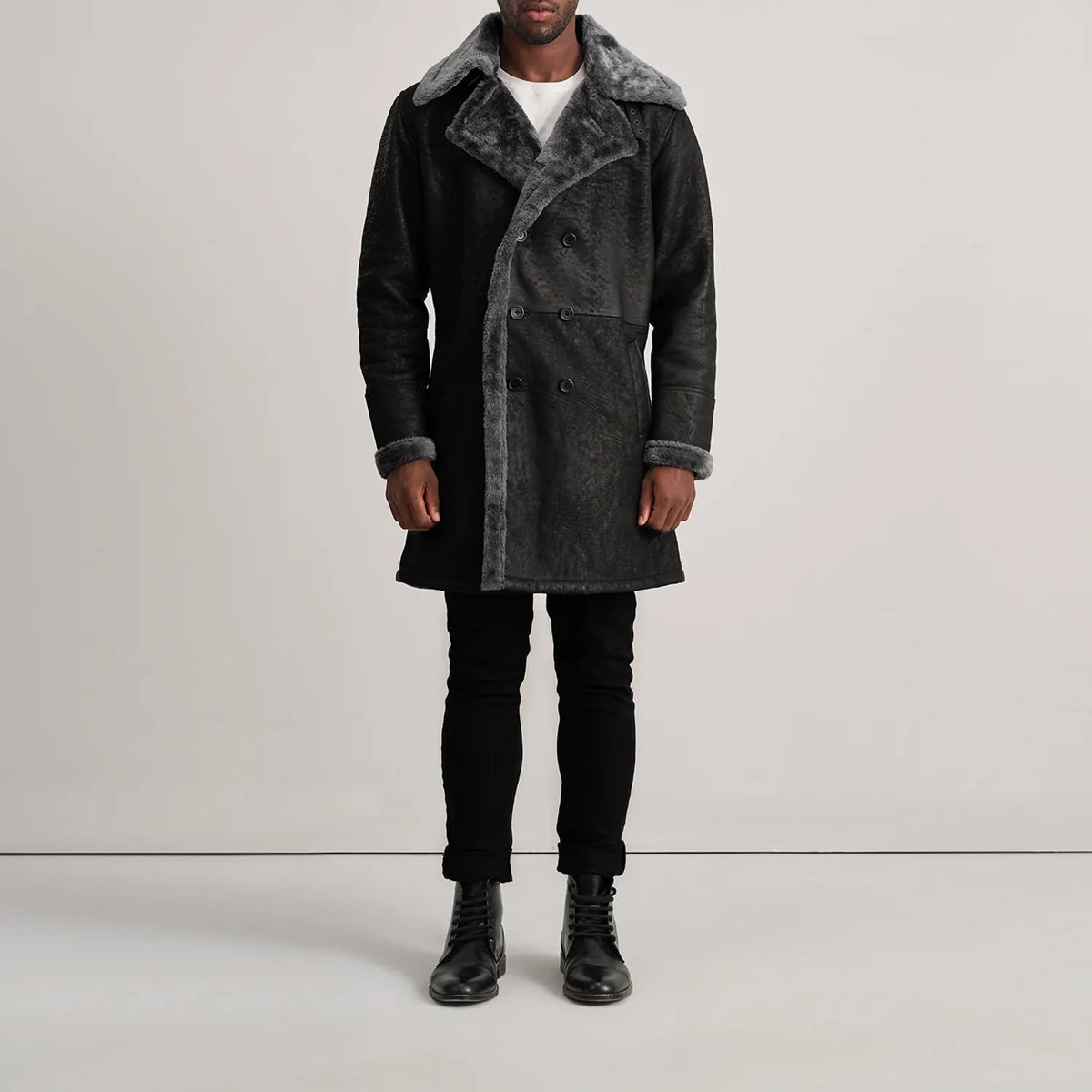 Charles Brown Suede Leather Shearling Double-Breasted Coat - Lateral Side Profile View Showing Sleeve Cut &amp; Athletic Taper Fit