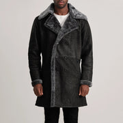Close-Up Detail of Notch &amp; Button Hardware on Charles Brown Suede Leather Shearling Double-Breasted Coat