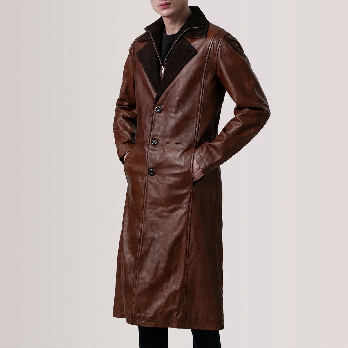 
Charlton Waxed Brown Leather Single Breasted Coat For Men - Lateral Side Profile View Showing Sleeve Cut & Athletic Taper Fit