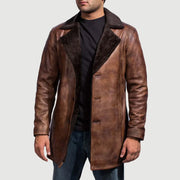 Men's Cinnamon Distressed Leather Fur Coat in Distressed Brown Sheepskin Burnishing - Front Profile View &amp; Tailored Silhouette | Buy Online