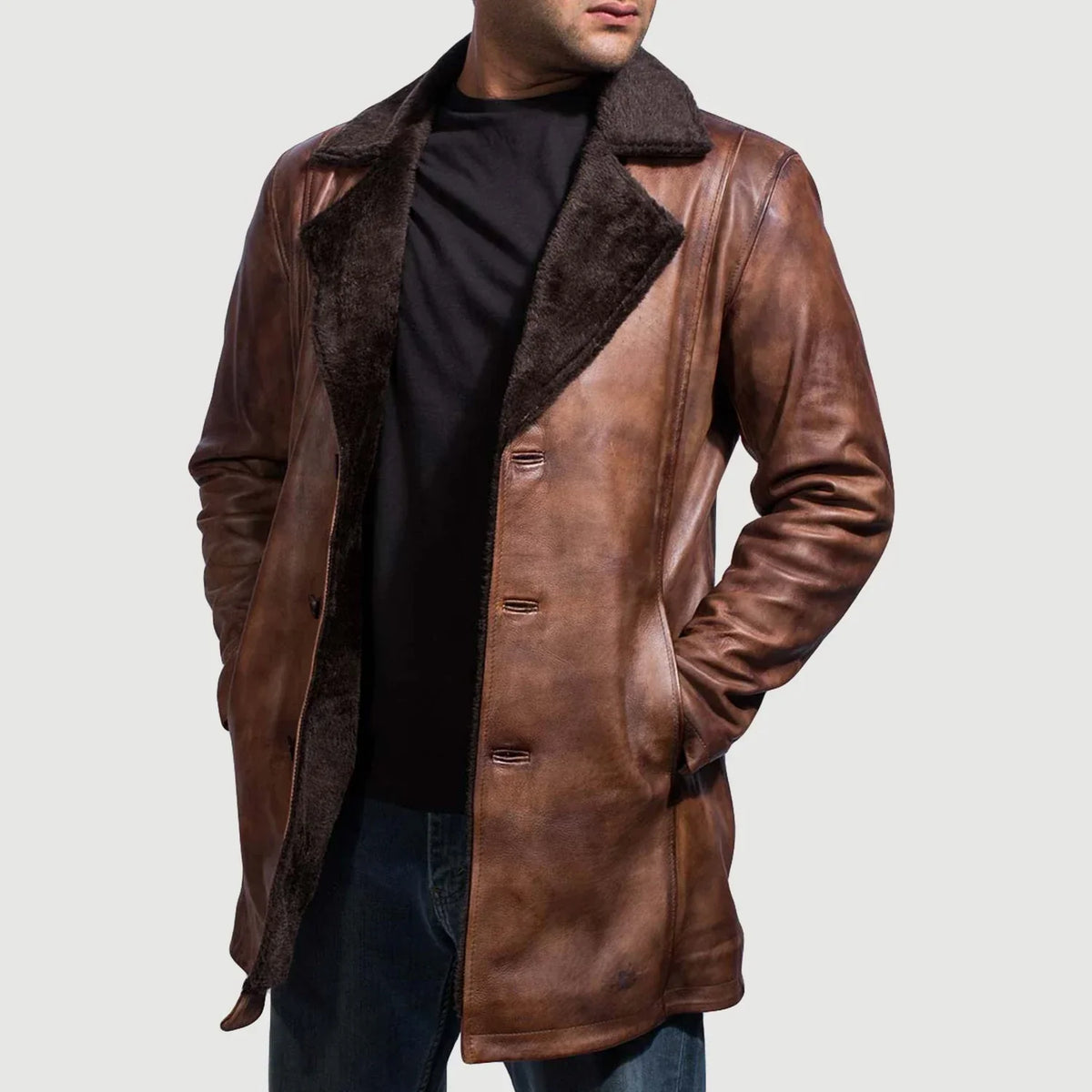 Distressed Brown Sheepskin Burnishing Winter Jacket - Back View Showing Tailored Shoulder Fit &amp; Clean Hemline