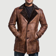 Men's Cinnamon Distressed Leather Fur Coat - Lateral Side Profile View Showing Sleeve Cut &amp; Athletic Taper Fit