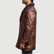 Close-Up Detail of Notch &amp; Button Hardware on Men's Cinnamon Distressed Leather Fur Coat