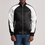 Clarke Black Varsity Jacket in Black &amp; White Satin - Front Profile View &amp; Tailored Silhouette | Buy Online