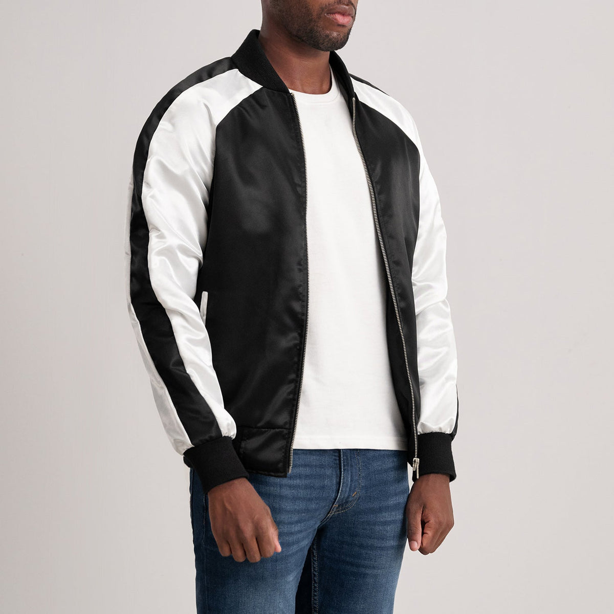 Black & White Satin Varsity Jacket - Back View Showing Tailored Shoulder Fit & Clean Hemline