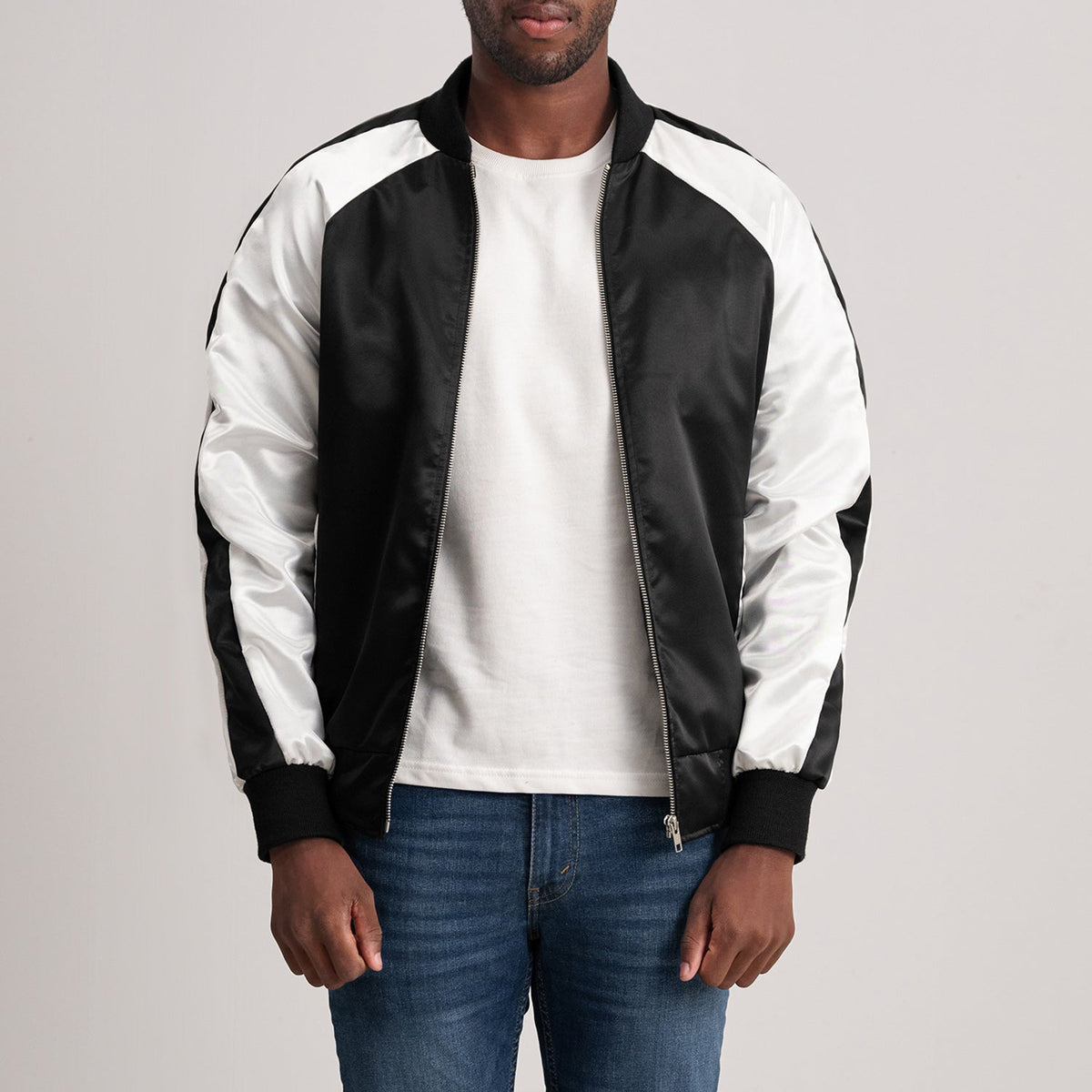Clarke Black Varsity Jacket - Lateral Side Profile View Showing Sleeve Cut &amp; Athletic Taper Fit