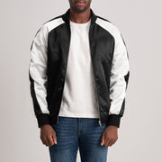 Clarke Black Varsity Jacket - Lateral Side Profile View Showing Sleeve Cut &amp; Athletic Taper Fit
