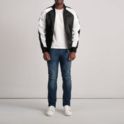 Close-Up Detail of Varsity &amp; Zipper Hardware on Clarke Black Varsity Jacket