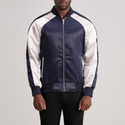 Clarke Blue Varsity Jacket in Blue &amp; White Satin - Front Profile View &amp; Tailored Silhouette | Buy Online