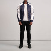Close-Up Detail of Varsity &amp; Zipper Hardware on Clarke Blue Varsity Jacket