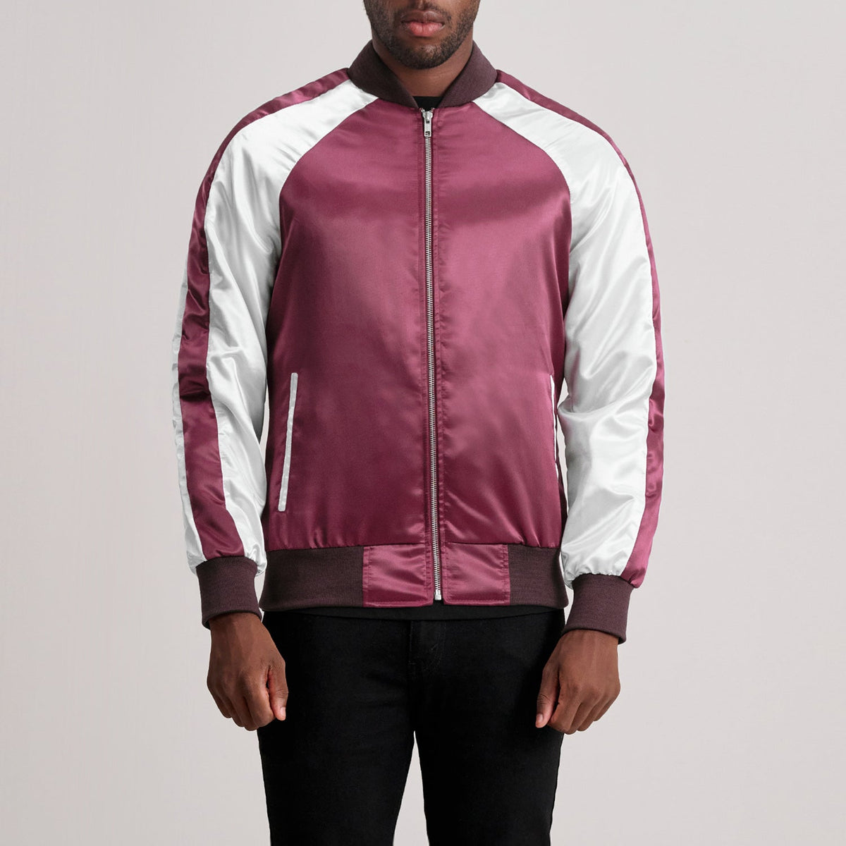 Clarke Maroon Varsity Jacket in Maroon &amp; White Satin - Front Profile View &amp; Tailored Silhouette | Buy Online
