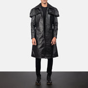 Men's Classic Black Leather Duster in Black Cowhide Leather - Front Profile View &amp; Tailored Silhouette | Buy Online