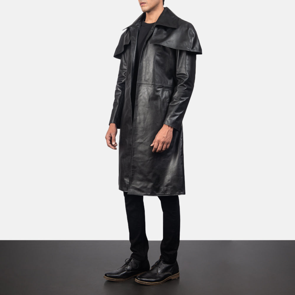 Black Cowhide Leather Trench Coat - Back View Showing Tailored Shoulder Fit &amp; Clean Hemline