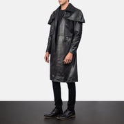 Black Cowhide Leather Trench Coat - Back View Showing Tailored Shoulder Fit &amp; Clean Hemline