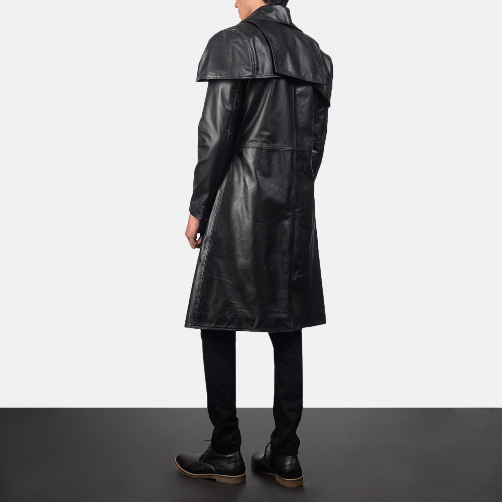 Men's Classic Black Leather Duster - Lateral Side Profile View Showing Sleeve Cut &amp; Athletic Taper Fit