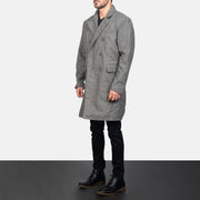 Grey Synthetic Wool Trench Coat - Back View Showing Tailored Shoulder Fit &amp; Clean Hemline