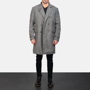 Men's Claud Grey Wool Double Breasted Coat - Lateral Side Profile View Showing Sleeve Cut &amp; Athletic Taper Fit
