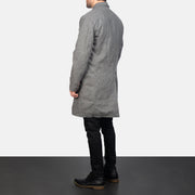 Close-Up Detail of Notch &amp; Button Hardware on Men's Claud Grey Wool Double Breasted Coat