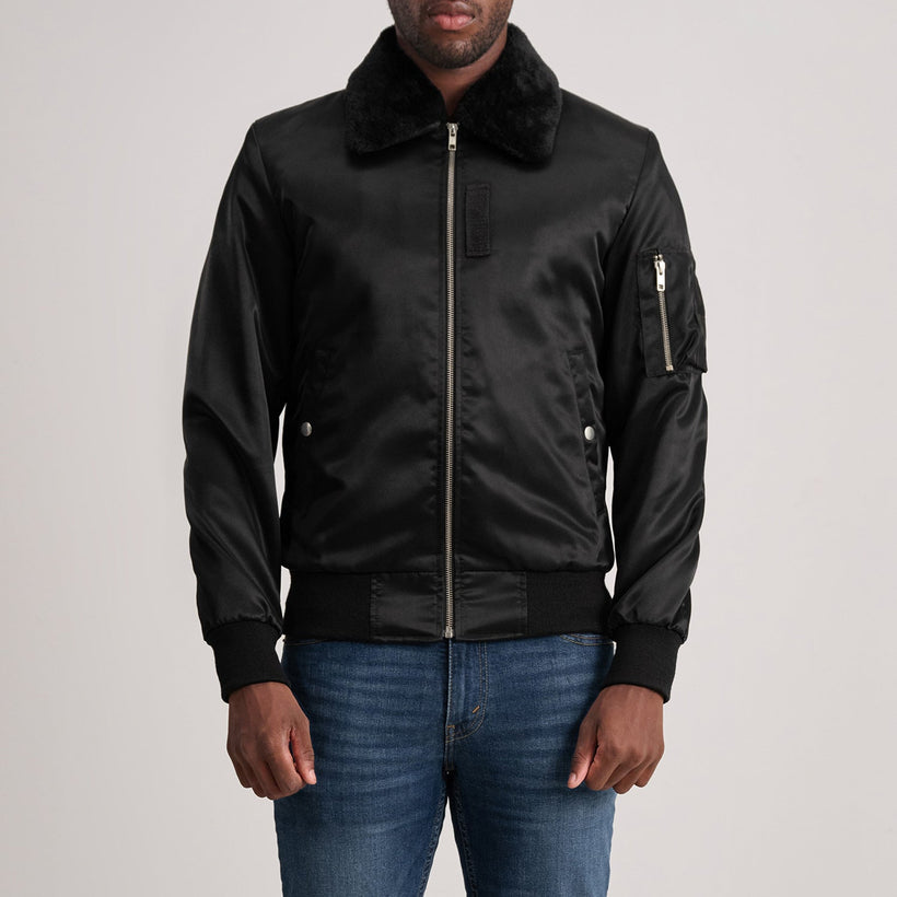 Clyde B-15 Black Bomber Jacket in Black Satin - Front Profile View & Tailored Silhouette | Buy Online