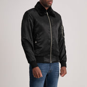 Black Satin Bomber Jacket - Back View Showing Tailored Shoulder Fit &amp; Clean Hemline