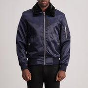 Clyde B-15 Blue Bomber Jacket in Blue Satin - Front Profile View &amp; Tailored Silhouette | Buy Online