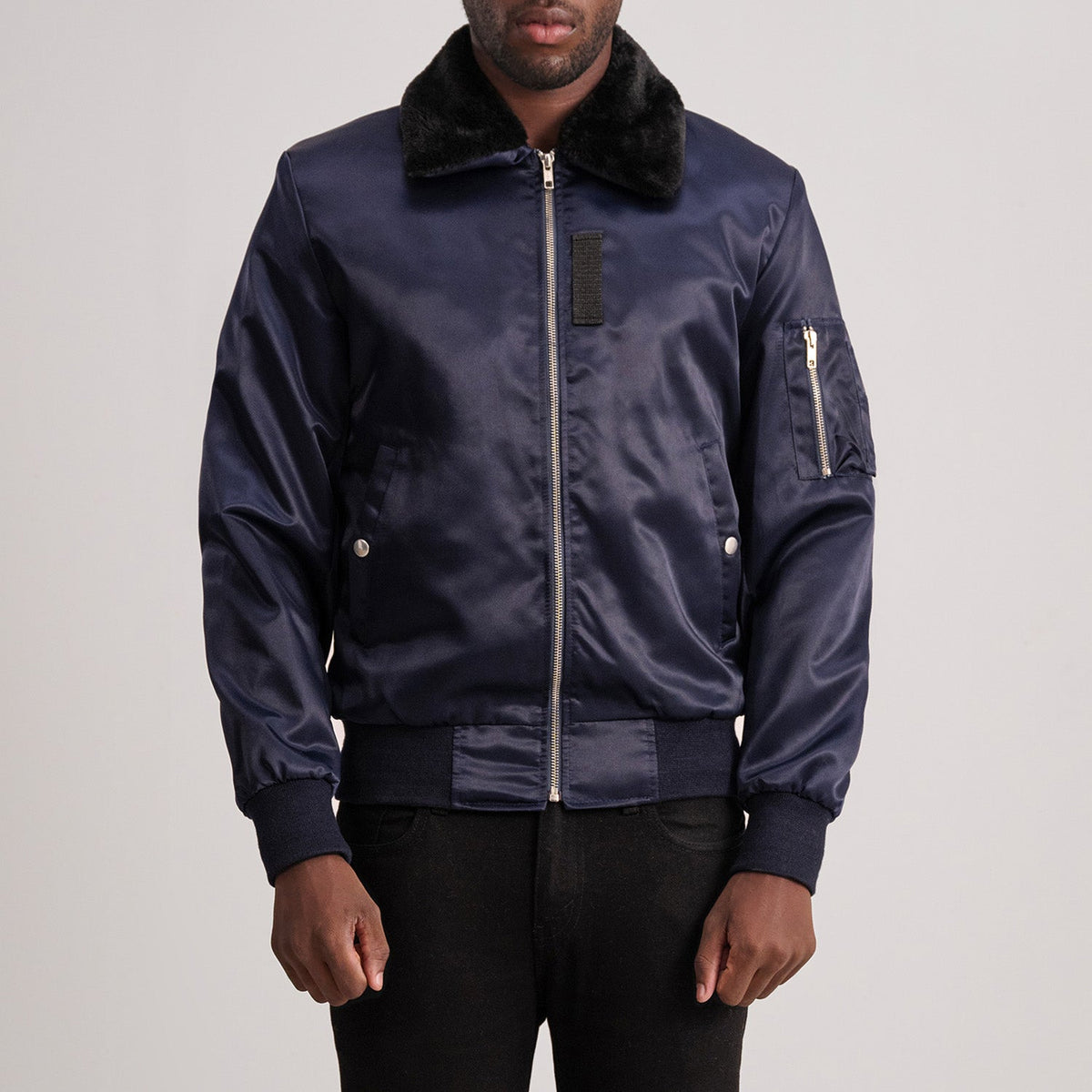 Clyde B-15 Blue Bomber Jacket in Blue Satin - Front Profile View & Tailored Silhouette | Buy Online