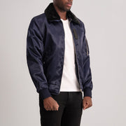 Blue Satin Bomber Jacket - Back View Showing Tailored Shoulder Fit &amp; Clean Hemline