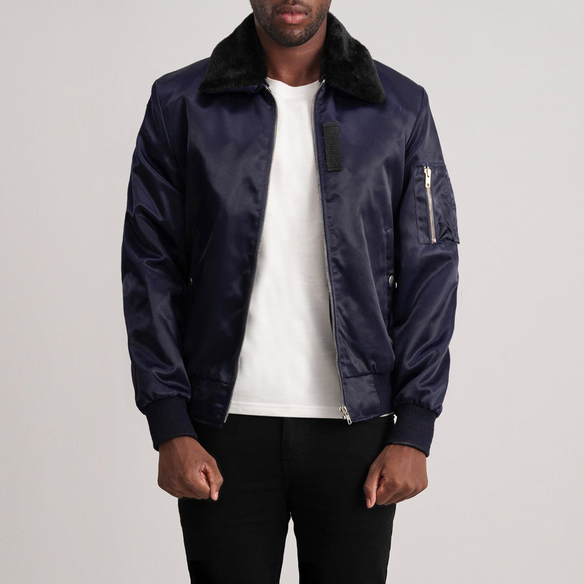 Clyde B-15 Blue Bomber Jacket - Lateral Side Profile View Showing Sleeve Cut & Athletic Taper Fit
