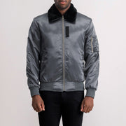 Clyde B-15 Grey Bomber Jacket in Grey Satin - Front Profile View &amp; Tailored Silhouette | Buy Online
