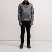 Close-Up Detail of Removable faux fur collar &amp; Zipper Hardware on Clyde B-15 Grey Bomber Jacket