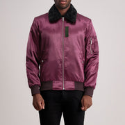 
Clyde B-15 Maroon Bomber Jacket in Maroon Satin - Front Profile View & Tailored Silhouette | Buy Online