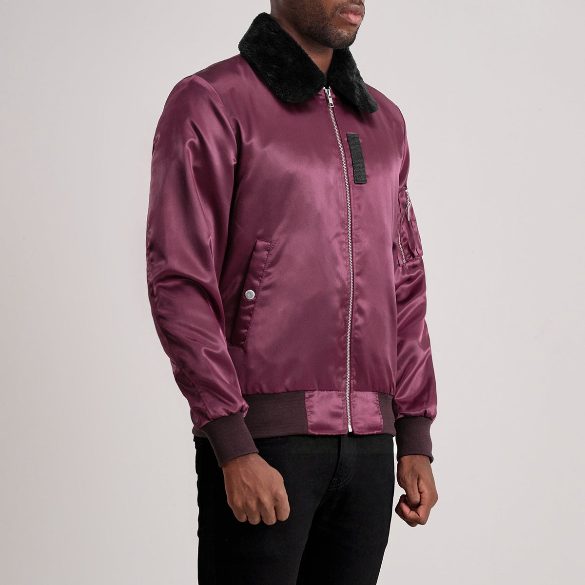 
Maroon Satin Bomber Jacket - Back View Showing Tailored Shoulder Fit & Clean Hemline