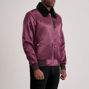 
Maroon Satin Bomber Jacket - Back View Showing Tailored Shoulder Fit & Clean Hemline