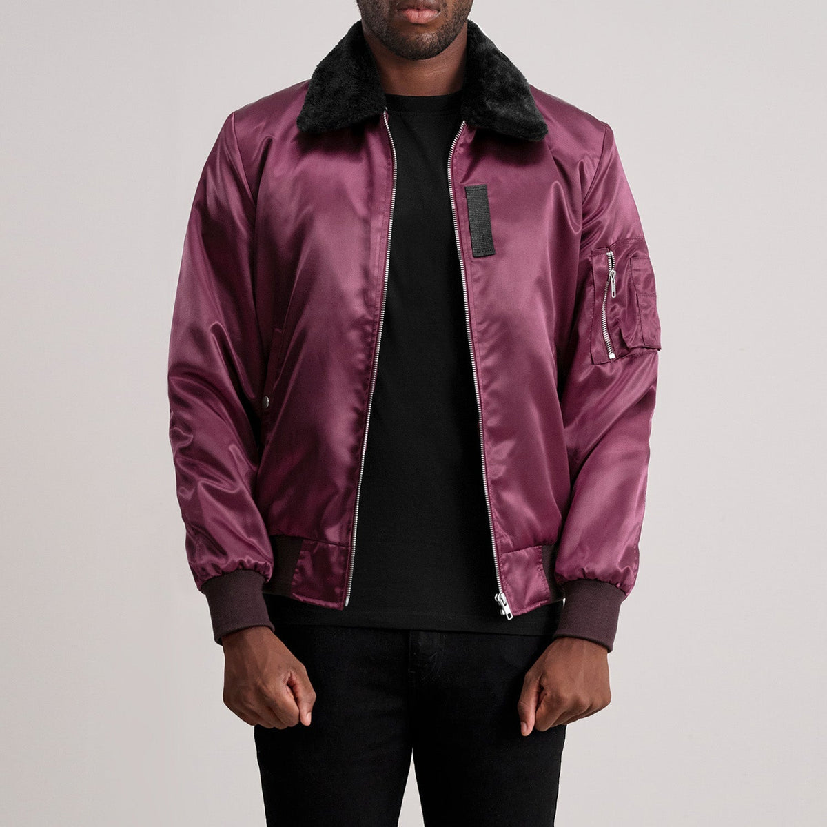 
Clyde B-15 Maroon Bomber Jacket - Lateral Side Profile View Showing Sleeve Cut & Athletic Taper Fit