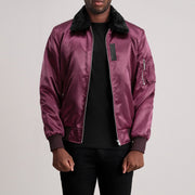 
Clyde B-15 Maroon Bomber Jacket - Lateral Side Profile View Showing Sleeve Cut & Athletic Taper Fit